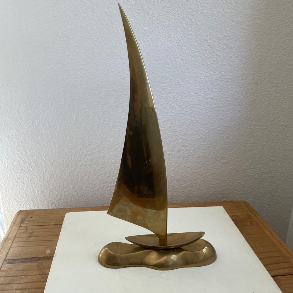 Vintage Brass Sailboat Sculpture Coastal Shelf Decor Mid Century Modern Nautical - Picture 6 of 10